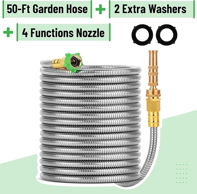 UNCO- Stainless Steel Metal Hose with 4 Function Brass Nozzle, 50 ft, No Kink, Metal Garden Hose