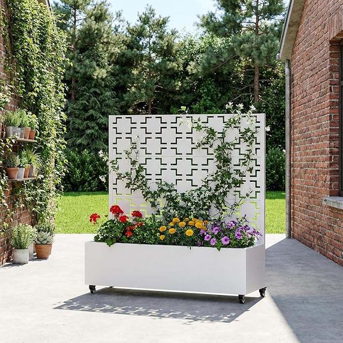 Casaphoria Metal Raised Garden Bed with Trellis and Wheels, 47"x47"x16" Planter Box for Climbing Plants, Vegetables & Vines, Features Drainage Holes and Privacy Screen, White-Square