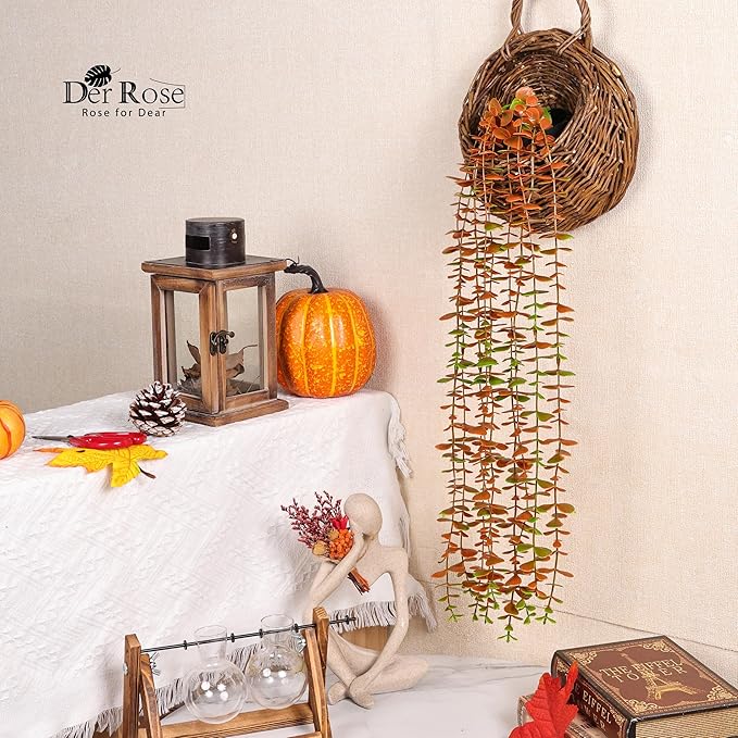 Der Rose 1Pcs Fake Fall Plants Hanging Orange Artificial Potted Faux Eucalyptus Plant Decorations for Fall Thanksgiving Bathroom Table Centerpiece Wall Kitchen Room Decor Indoor and Outdoor