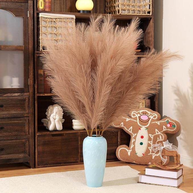 Premium Faux Khaki Pampas Grass – 43.3" Tall Fluffy Earth-Toned Decor, 8pcs 18-Branch One-Piece Stems No Assembly, Luxury Silk Feather Flowers for Boho Military Green Decor,Olive Beige 8 Stems110cm
