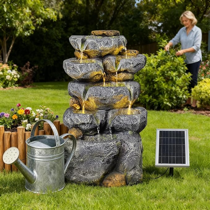 5 Tiered Solar Powered Water Fountain, Solar Water Fountain Outdoor Garden Cascading Rock Water Fall Fountains Outside with Lights for Backyard, Patio, Deck, Porch, 24" H x 13.39" L x 9.6" W