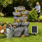 5 Tiered Solar Powered Water Fountain, Solar Water Fountain Outdoor Garden Cascading Rock Water Fall Fountains Outside with Lights for Backyard, Patio, Deck, Porch, 24" H x 13.39" L x 9.6" W