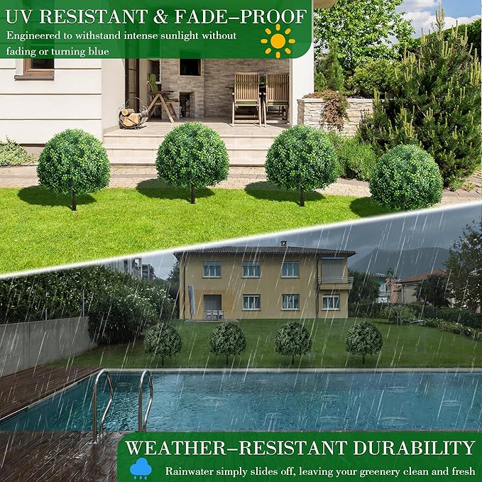 24.8 Inch Artificial Boxwood Trees, 2 Sets Faux Boxwood Topiary with Spikes, Pot Filler Fake Shrubs Plants for Outdoor PlantersFront Porch Decor Round Topiary Bush Balls Home Garden Spring