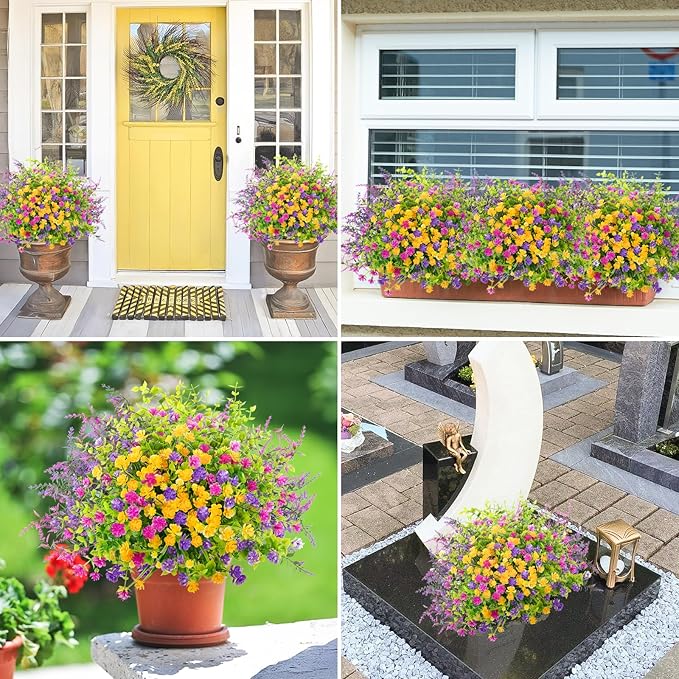 ATTGREAT Artificial Spring Flowers Outdoors UV Resistant Fake Greenery Plants Realistic Plastic Flowers Outside Faux Silk Wildflowers for Home Planter Porch Garden Decor, 6 Bundles (Multicolor)