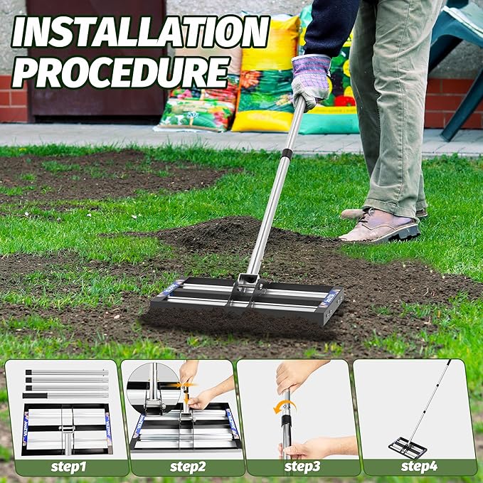 Updated Lawn Leveling Rake 17"x10", Lawn Leveler with Aluminum Rollers, Yard Leveling Rake Stainless Steel with 27-80" Adjustable Handle, Heavy-Duty Ground Leveler Suit for Garden, Golf Lawn, Farm
