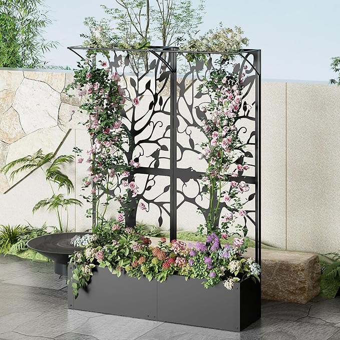 Metal Planter Box with Trellis Set of 2, Outdoor Privacy Planters for Patio, Tall Raised Garden Bed for Climbing Plants, Vegetables, Fruits, Balcony, Outside, 62.4 x 12.2 x 44.6 Inch, 2PCS, Black