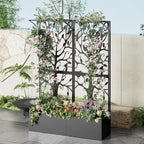 Metal Planter Box with Trellis Set of 2, Outdoor Privacy Planters for Patio, Tall Raised Garden Bed for Climbing Plants, Vegetables, Fruits, Balcony, Outside, 62.4 x 12.2 x 44.6 Inch, 2PCS, Black