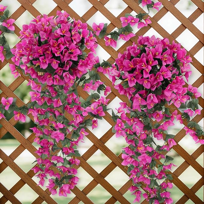 ATTGREAT Artificial Bougainvillea for Outdoors Faux Plants UV Resistant Flowers Fake Plastic Plants Realistic Silk Flowers for Porch Planter Garden Outside Hanging Decoration, 2Pcs (Purple Red)