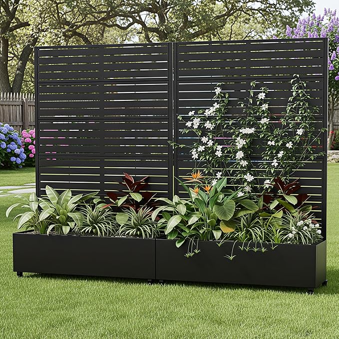 Casaphoria Metal Raised Garden Bed with Trellis and Wheels, 72"x47"x16" Planter Box for Climbing Plants, Vegetables & Vines, Features Drainage Holes and Privacy Screen (Black-Louver)