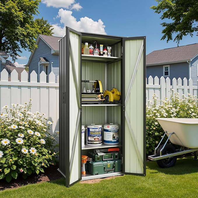 Patiowell 28 Cuft Outdoor Storage Shed with Adjustable Shelves, Metal Vertical Storage Cabinet with Lockable Door, Outdoor Waterproof Tool Garden Shed for Backyard Lawn Patio, Black