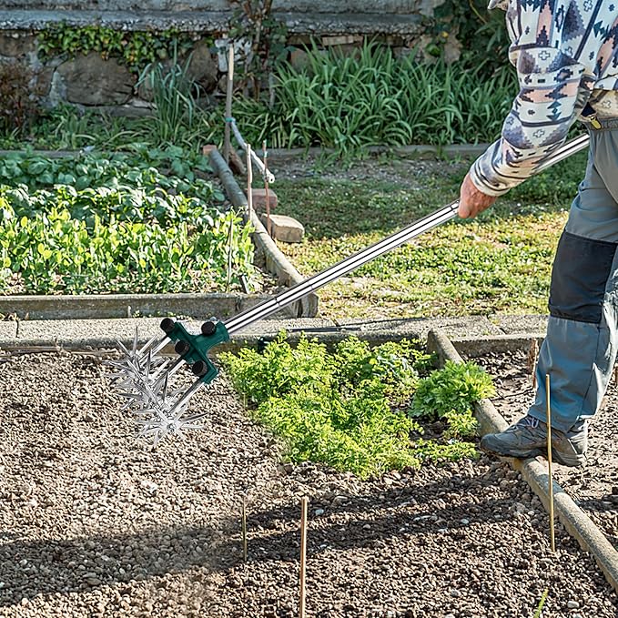 BARAYSTUS Rotary Cultivator Garden Rotary Tiller Adjustable Stainless Steel Poles Hand Tiller for Soil Mixing or Reseeding Grass Lawn Tiller Total Length 57 Inch