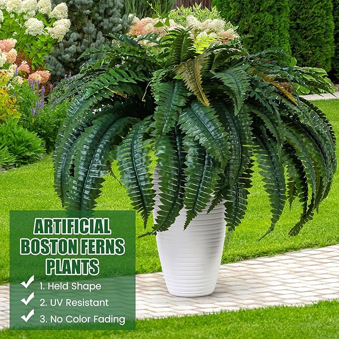 Giegxin 1 Pack 49''/95 Leaves Artificial Ferns for Outdoors, Large Fake Boston Ferns Bush, Realistic UV Resistant Faux Silk Plants for Porch Patio Hanging Garden Balcony Office Living Room Decor