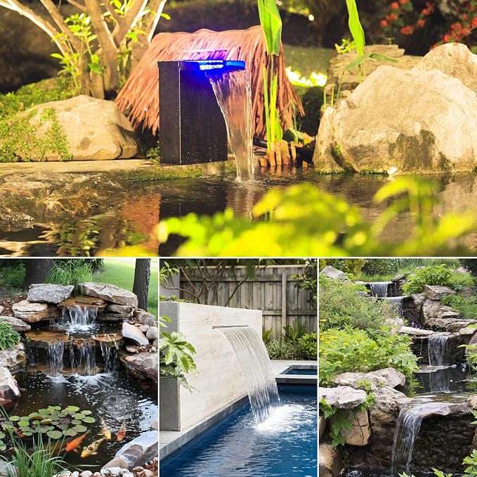 NFESOLAR Pond Waterfall Spillway with Pump Kit, Large 11.8" W 13.4" H Capacity Stainless Pond Waterfall Box with Filtration, LED Lights for Garden Outdoor Pond up to 2000 Gallons N4313