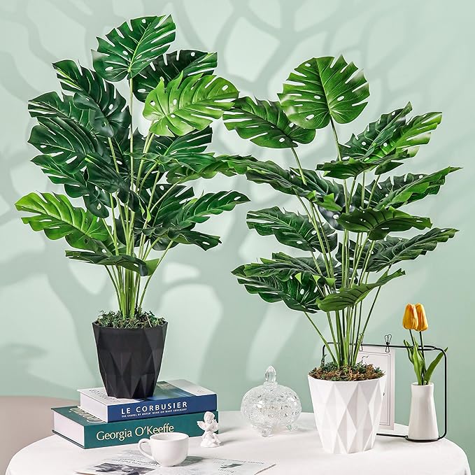 Der Rose 2 Pack 28" Fake Plants Large Artificial Monstera Faux Plants Indoor with White and Black Pots for Home Office Living Room Decor