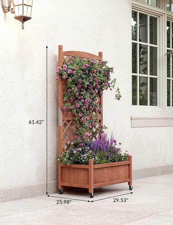 29.5"x26"x61.5" Large Wooden Raised Garden Bed with Trellis & Adjustable Wheels - Planter Box with Drainage Holes for Herbs, Flowers - Portable Indoor/Outdoor Use, 1 PC