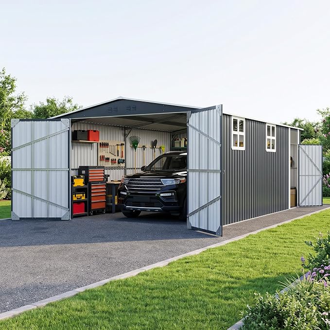 Polar Aurora 12x20 FT Outdoor Storage Shed, Large Garden Shed with 2 Windows & Lockable Doors, Garage Car Shelter with Side Door & Air Vents for Backyard Garden Patio Lawn, Cars Trucks Boat, Black
