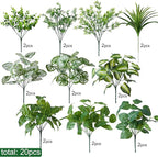Artificial 20pcs Bunches Greenery Plants Fake Plastic Leaves with Stems UV Resistant Outside Faux Plants Bushes for Outdoor Patio Garden Front Porch Yard Decor
