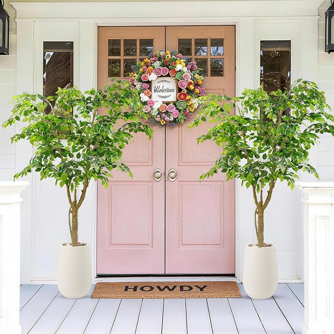 6.5FT Artificial Ficus Tree with White Planter and Pebbles,Faux Silk Tree with Lifelike Leaves and Realistic Trunk,Tall Fake Potted Plant for Home and Office Décor Indoor and Outdoor (6.5FT)