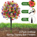 Alupssuc 2Pcs 20" Artificial Topiary Ball Flowers, Spring Outdoor Decoration with Spike, UV Resistant Faux Summer Plants, Faux Bushes Plants, Red Deep Purple Yellow Pink for Garden, Porch Decor