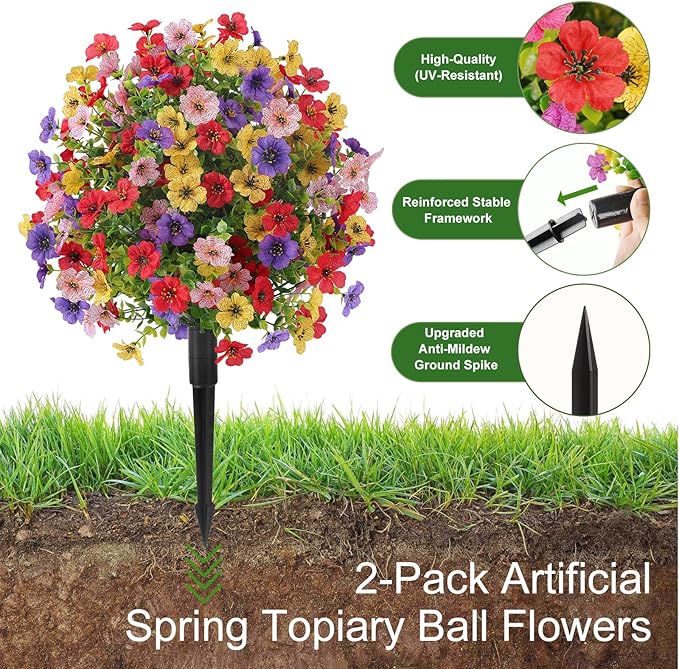 Alupssuc 2Pcs 20" Artificial Topiary Ball Flowers, Spring Outdoor Decoration with Spike, UV Resistant Faux Summer Plants, Faux Bushes Plants, Red Deep Purple Yellow Pink for Garden, Porch Decor