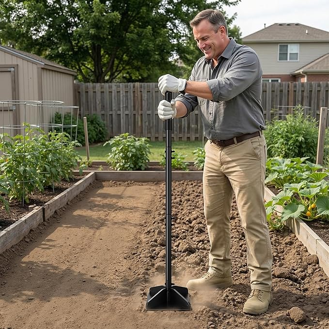 Heavy Duty Steel Tamper, 48" Handle Tamper with Comfortable Rubber Grip, 8×8" Garden Tamper Tool for Soil, Gravel, Asphalt & Lawn