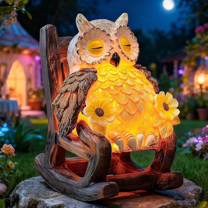 LIULO TOOL Garden Gift for Mom Grandma, LED Solar Owl on Chair Patio Sculpture, Cute Outdoor Fairy Garden Housewarming Decor Figurine 6x4.5x3.3 in
