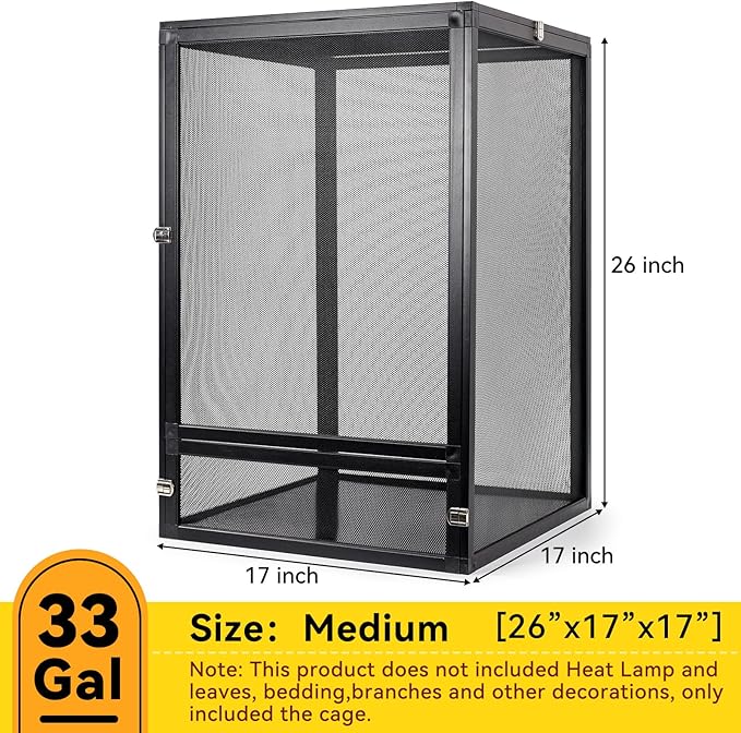 RunDuck 33 Gallon 360° Panoramic Foldable Reptile Terrarium Kit: Crested Gecko Tank and Reptile Cage for Superior Ventilation, Easy Feeding, Sturdiness, and Simple Assembly (Black, 26"x17"x17")