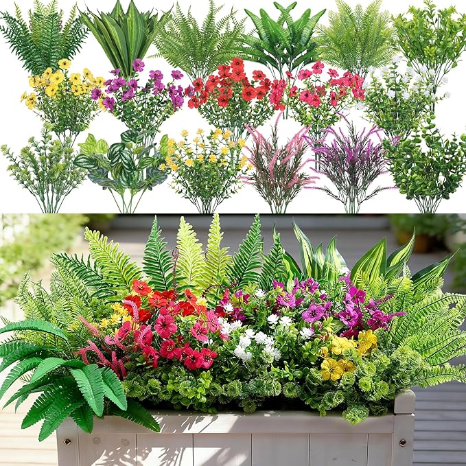 Alupssuc 48 Pcs Artificial Plants Flowers for Outdoors, Realistic Faux UV Resistant Greenery & Silk Flowers,Fake Plastic Shrubs Stems No Fade for Indoor Outside Garden Patio Spring Planter Home Decor
