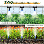 Meonum 65FT Greenhouse Watering System, Quick Connector Hanging Plant Watering System Automatic Mist Irrigation Kit with 1/4'' Blank Tubing, Two way Faucet Connector, Adjustable Misting Nozzle(2 Pack)