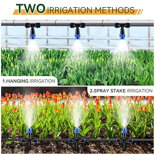 Meonum 65FT Greenhouse Watering System, Quick Connector Hanging Plant Watering System Automatic Mist Irrigation Kit with 1/4'' Blank Tubing, Two way Faucet Connector, Adjustable Misting Nozzle(2 Pack)