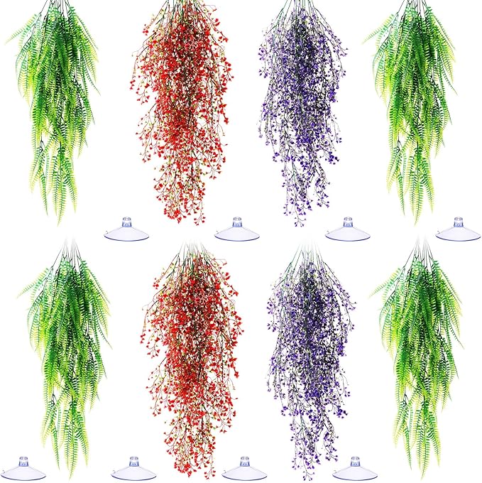 Suncalla Reptile Plants Terrarium Hanging Plants Vines Boston Climbing Terrarium Plant with Suction Cup for Bearded Dragons Lizards Crested Gecko Snake Crab Tank(Tri Color Series,3 Colors)