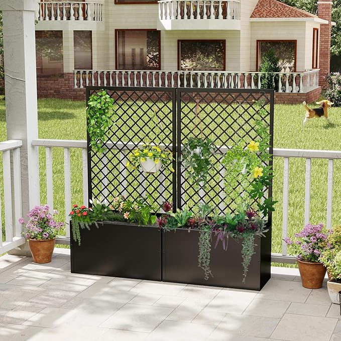 MOTION 2 Pcs Outdoor Raised Garden Bed with Trellis - Free Standing Planter for Hanging Flower Baskets Lattice Planter Boxes, Black