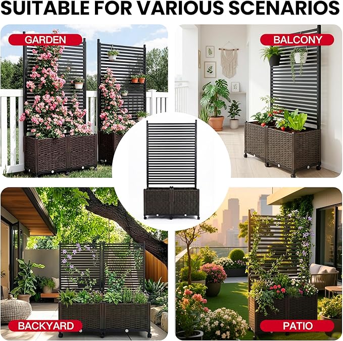 Planter Box with Privacy Screen, 6ft Plastic Raised Garden Bed with Lattice Trellis & Lockable Wheels, Privacy Planters for Patio, Planter Box for Climbing Plants, Flower