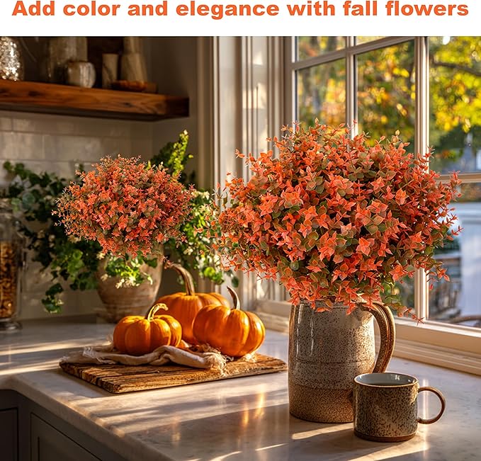Artificial Fall Flowers Outdoor Fake Mums - 16 Bundles Fake Plants UV Resistant No Fade Faux Plastic Greenery Garden Porch Patio Fall Home Decor (Green Orange)