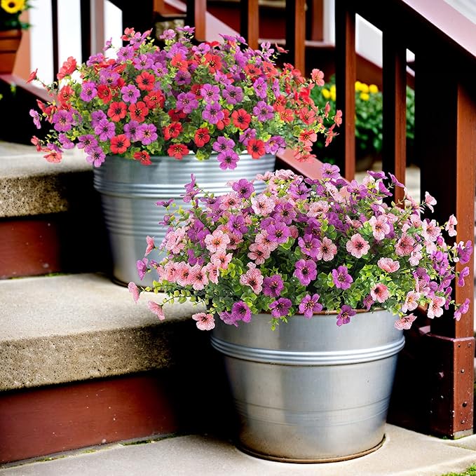 Ammyoo Artificial Fake Plants Flowers for Outdoor Spring Decor, 12 Bundles Faux Silk Mums for Planter Pot Colorful UV Resistant Look Real for Front Door Porch Patio Outside Yard(Purple Pink)