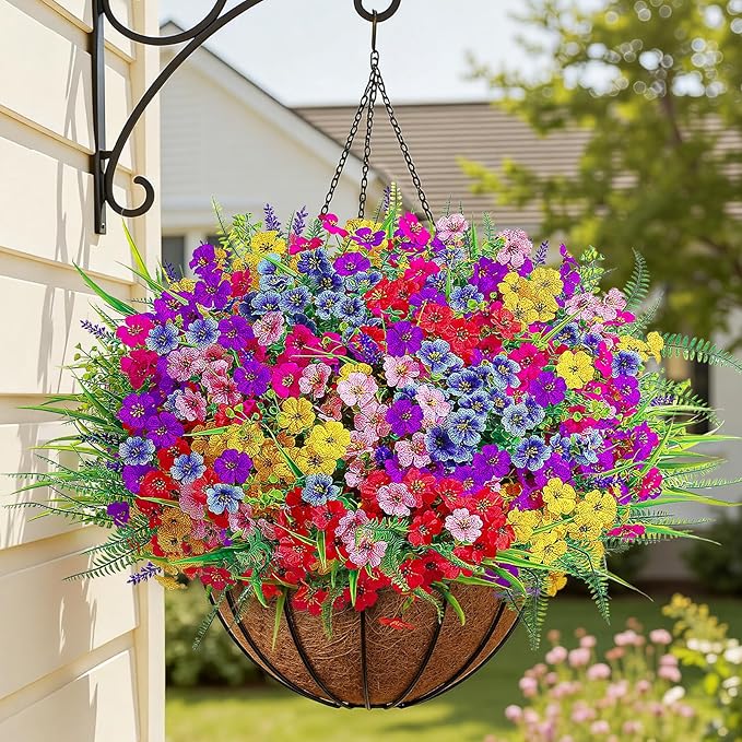 Alupssuc 48 Bundles Artificial Flowers for Outdoors Planters Spring Decoration, UV Resistant Faux Eucalyptus Violet and Lavender Silk Fake Plants for Outside Indoor Yard Home Patio Decor, Mix 6 Colors