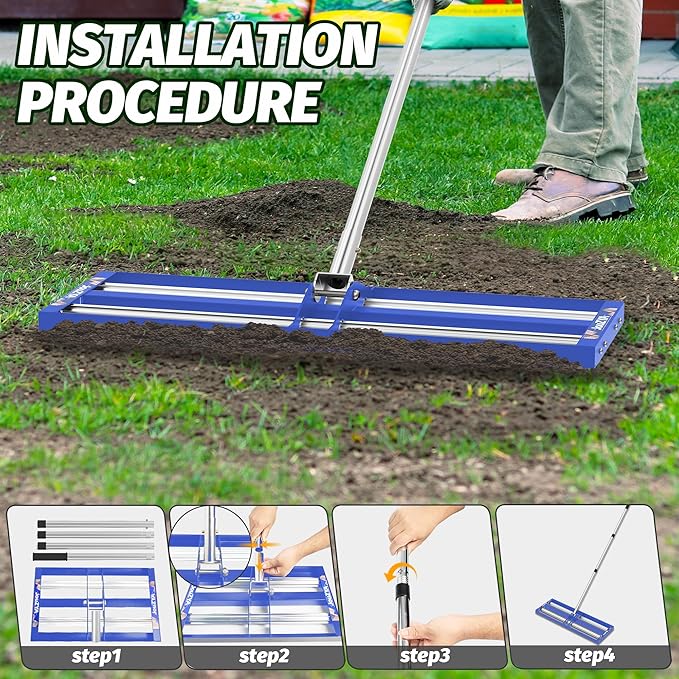Updated Lawn Leveling Rake 30"x10", Lawn Leveler with Aluminum Rollers, Yard Leveling Rake Stainless Steel with 27-80" Adjustable Handle, Heavy-Duty Ground Leveler Suit for Garden,Golf,Lawn,Farm,Blue