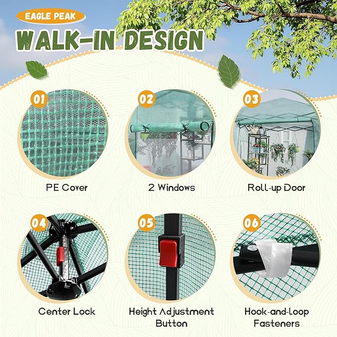 Devoko Walk-in Greenhouse, Instant Pop Up Green House for Outdoors with Zippered Door and 2 Roll-up Windows, PE Cover, Portable and Easy Assemble (Green, 8x6 Feet)