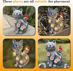 Solar Cat Garden Statue with LED Lights, Waterproof Resin Cat Figurine with Red Bird, Outdoor Decor for Patio, Lawn, Yard, Balcony, – Gift for Mom, Grandma & Cat Lovers
