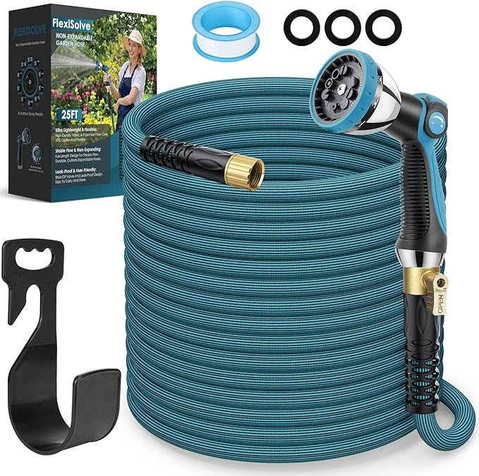NON-EXPANDABLE Garden Hose 25 ft, Ultra Lightweight Flexible Water Hose with 10-Pattern Nozzle & Shut-Off Valve, Holder, Leakproof & Kink-Resistant Reinforced Fittings for Yard Outdoor