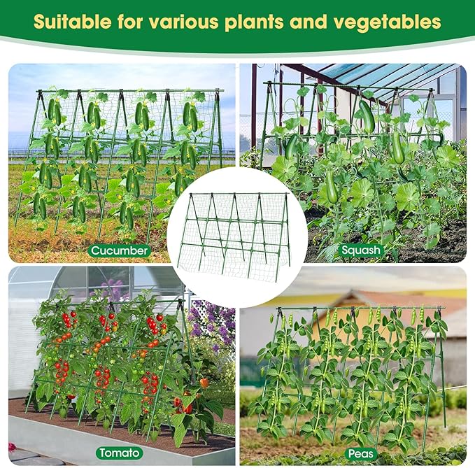71" x 51" Cucumber Trellis for Raised Bed, A-Frame Garden Trellis for Climbing Plants Outdoor, Rust-Proof Metal Support for Tomato, Peas, Beans, Zucchini & Vines, with Netting & Clips