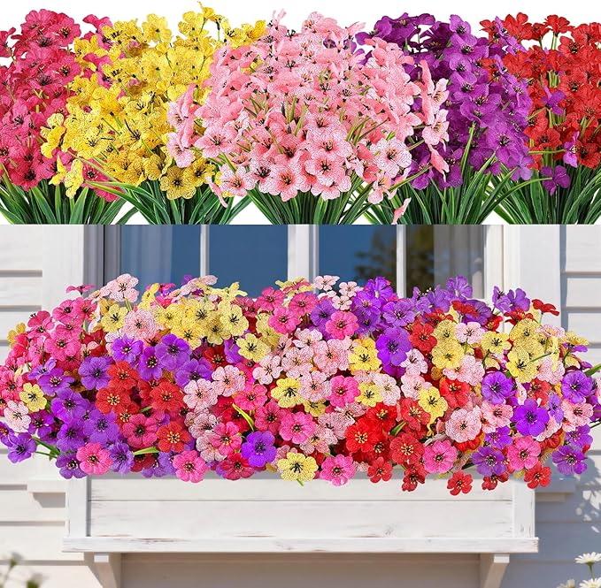 AmyHomie Artificial Flowers for Outdoors UV Resistant - 20 Bundles Fake Plants Outdoor, Faux Silk Flowers No Fade for Planters Garden Porch Window Box Patio Decoration (Mix Color)