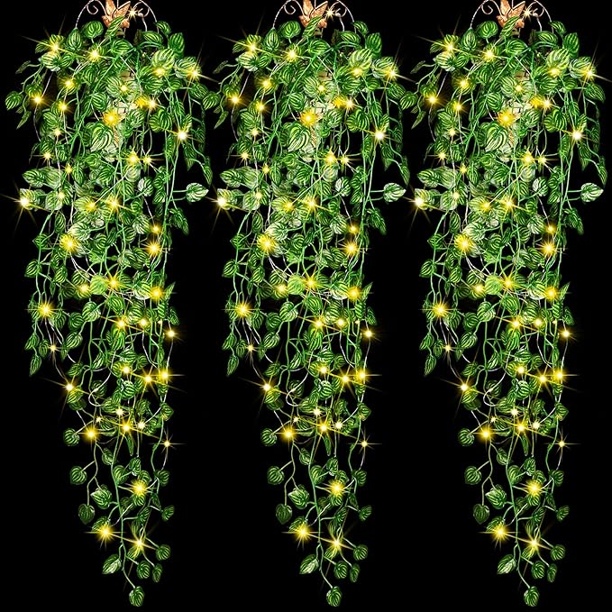 3 Packs LED Artificial Hanging Plants, 3.6 ft Fake Hanging Plant, Ivy Vine Fake Leaves Greeny Chain Wall Home Room Garden Wedding Garland Outside Decor (Basket Not Included) (Watermelon Leaves Style)