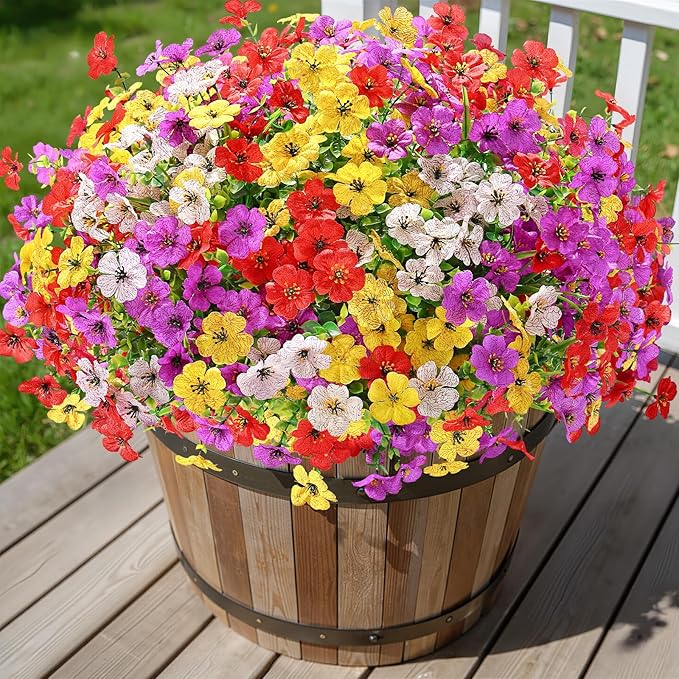 Alupssuc 48 Bundles Artificial Flowers for Outdoors Decoration, UV Resistant Silk Faux Floral Spring Fake Plastic Plants Greenery for Outside Indoor Home Porch Window Planter Decor, Mix 4 Colors
