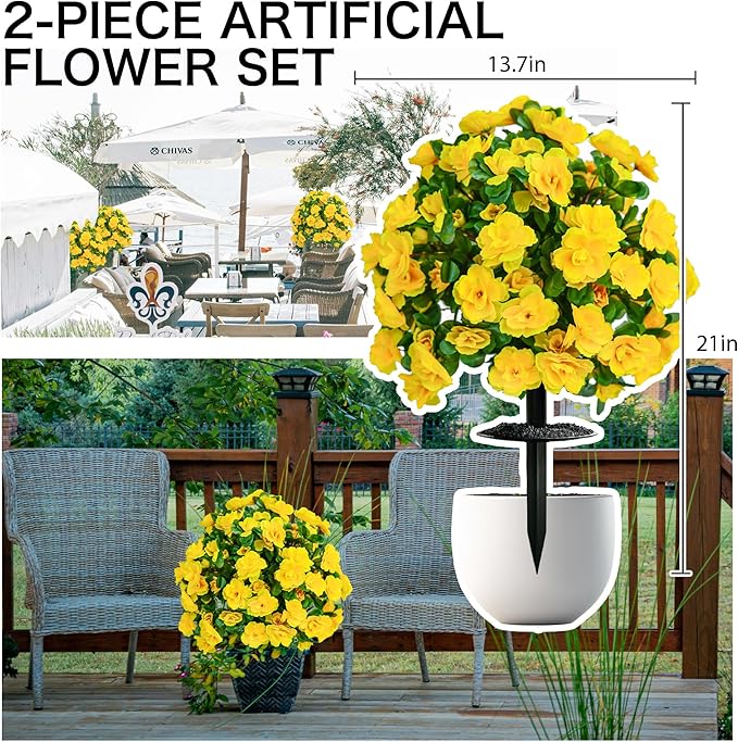 Artificial Flowers for Outdoors, Faux Outdoor Plants Fake Plants Topiary Balls Artificial Outdoor Set of 2 with Ground Spike for Home Front Porch Patio Garden Decor (Yellow)