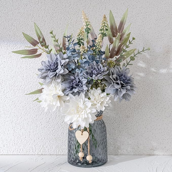 LUEUR Fake Flowers with Vase, Silk Roses Artificial Flowers in Vase Faux Flowers Arrangement Suitable for Home Kitchen Living Room, Fall Spring Decor for Office, Centerpiece Table Decorations