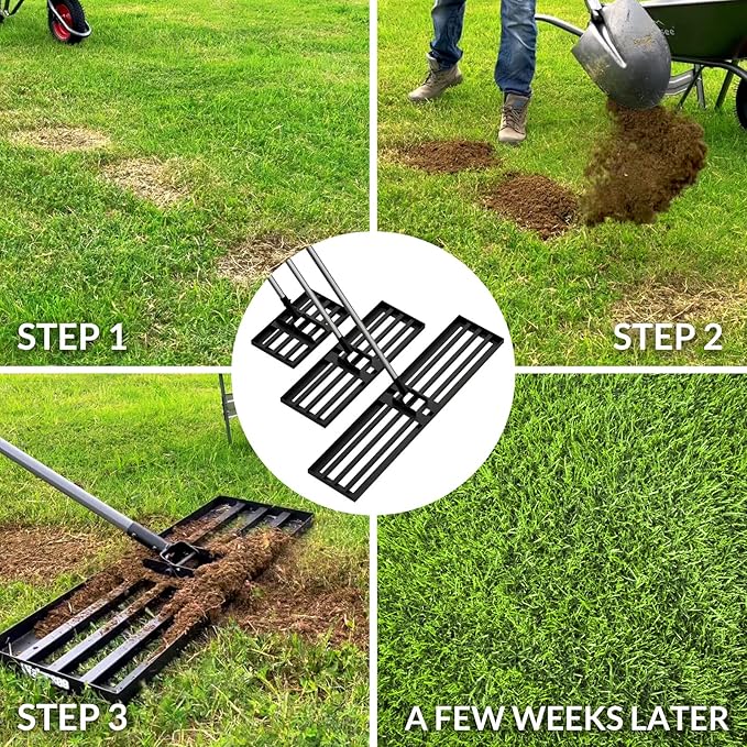 Walensee Lawn Leveling Rake, Levelawn Tool, Heavy Duty Effort Saving Lawn Level Tool, Steel Handle Lawn Leveler for Yard Garden Golf Course , Ease Level Soil Sand Dirt Surfaces, 7FT 45"x10"