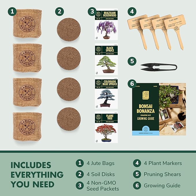 Garden Republic Bonsai Tree Kit - Mini Bonsai Seeds, 4 Types - Seed Starter Plant Growing Kit - Potting Soil Jute Bags Pruning Shears Tool and Plant Markers