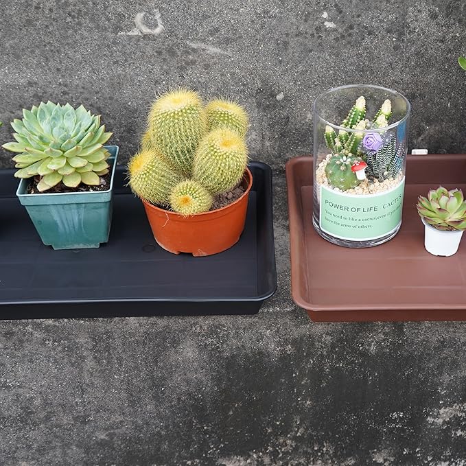 VUWEZ 4 Pack Plant Saucer Tray Rectangular, Plant Saucers for Indoors, Heavy Sturdy Plastic Plant Drainage Trays, Plant Drip Trays for Pots, Seed Starter Growing Tray (11 x 9 inch, Black)