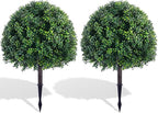 24'' Artificial Boxwood TopiaryTree, Faux Boxwood Plants Shurbs with Spike, 2 Set Topiary Ball Tree Waterproof UV Resistant Fake Pot Filler Plants for Planter Porch Home Outside Garden Spring Decor